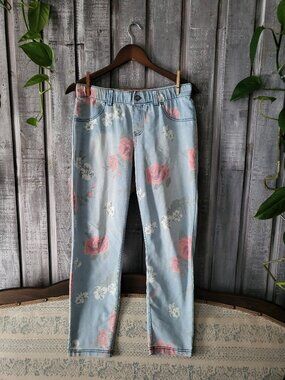 HUE Soft Denim Floral Print Jeggings Pink Rose Pattern Elastic Waist Skinny Jean